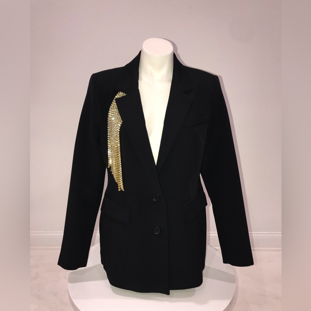 BNWT Custom OPEN EDIT Black Blazer Button Closure Dangle Crystal Trim Ladies L